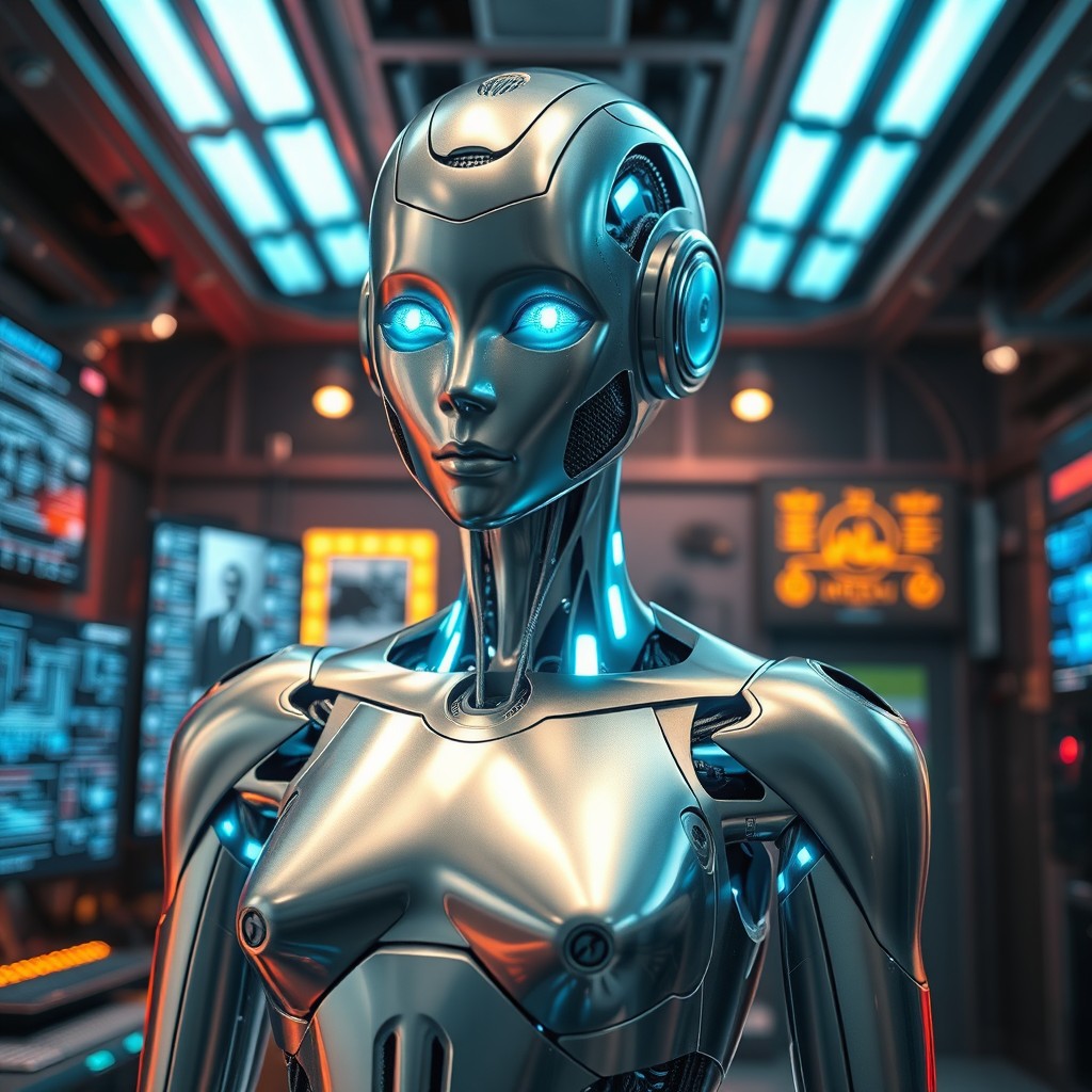 A beautiful, futuristic AI humanoid robot with shimmering silver skin, glowing blue eyes, and intricate circuit patterns visible beneath its surface