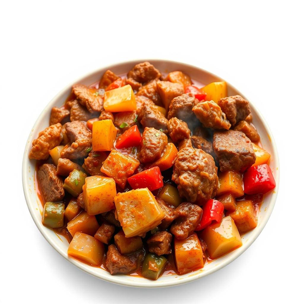 A mouthwatering plate of Haitian ragout, freshly cooked with steam rising from it, showcasing a vibrant mix of tender meat and hearty vegetables