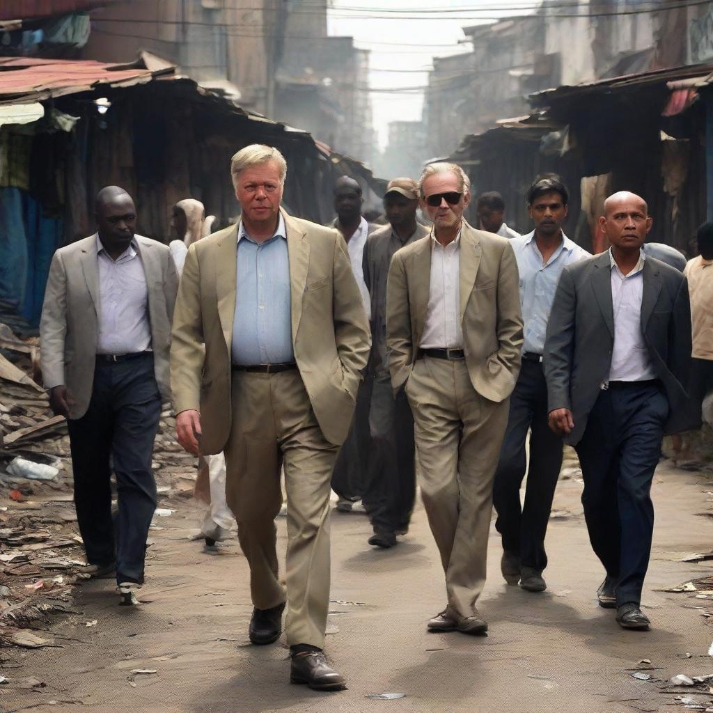 Several billionaires, donned in casual clothing, wandering through a bustling slum. Visible contrasts between their polished appearances and the gritty reality of the environment around them.