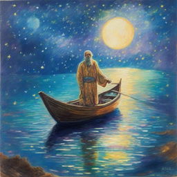 This is a high-quality impressionist style painting, depicting a bearded man in biblical clothes diving from a fishing boat under a starry, moonlit night sky