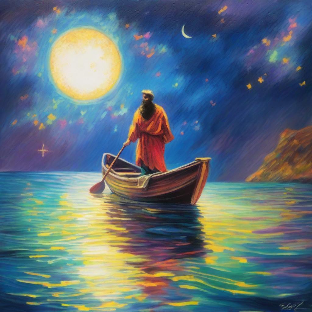 This is a high-quality impressionist style painting, depicting a bearded man in biblical clothes diving from a fishing boat under a starry, moonlit night sky