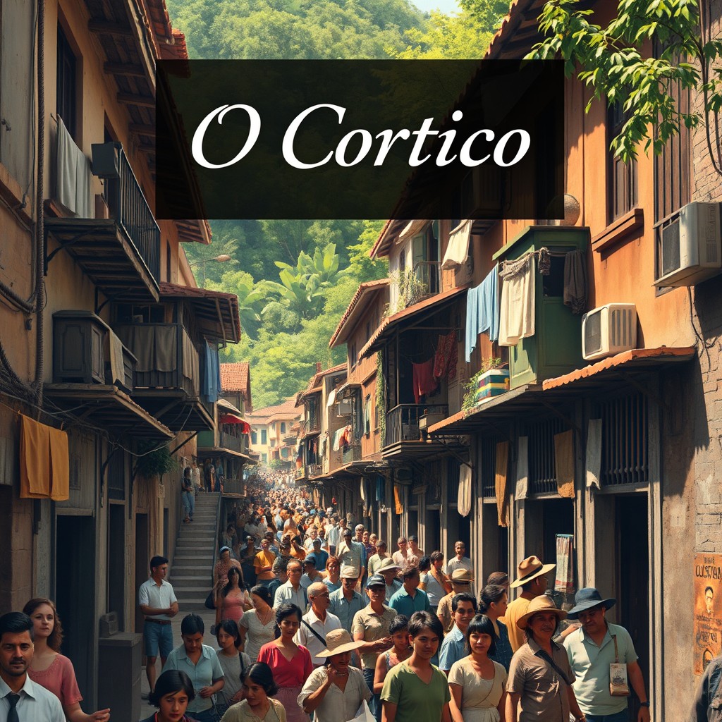 A captivating book cover for the classic novel "O Cortiço" by Aluísio Azevedo, depicting a vibrant and bustling tenement in Brazil, filled with diverse characters from different social backgrounds