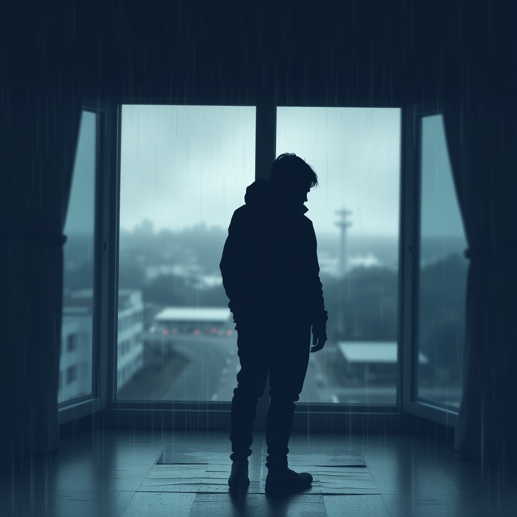 An emotionally impactful scene depicting a solitary figure standing by a window during a rainstorm, with raindrops trickling down the glass, symbolizing sadness and introspection