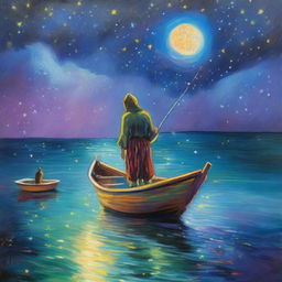 This is a high-quality impressionist style painting, depicting a bearded man in biblical clothes diving from a fishing boat under a starry, moonlit night sky