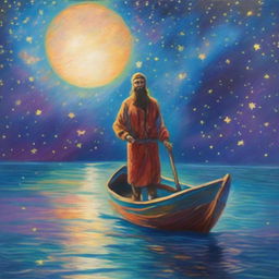 This is a high-quality impressionist style painting, depicting a bearded man in biblical clothes diving from a fishing boat under a starry, moonlit night sky