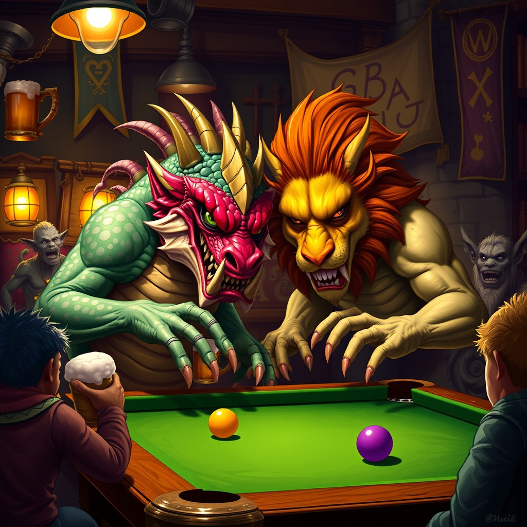 A fantastical double-headed monster engaged in a game of billiards in a lively tavern setting