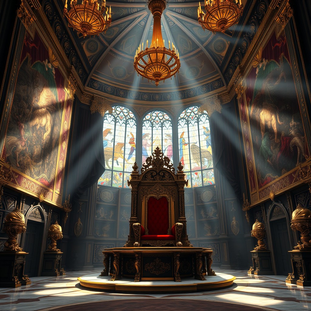 A grand royal throne room filled with intricate details, designed for a fantasy novel cover