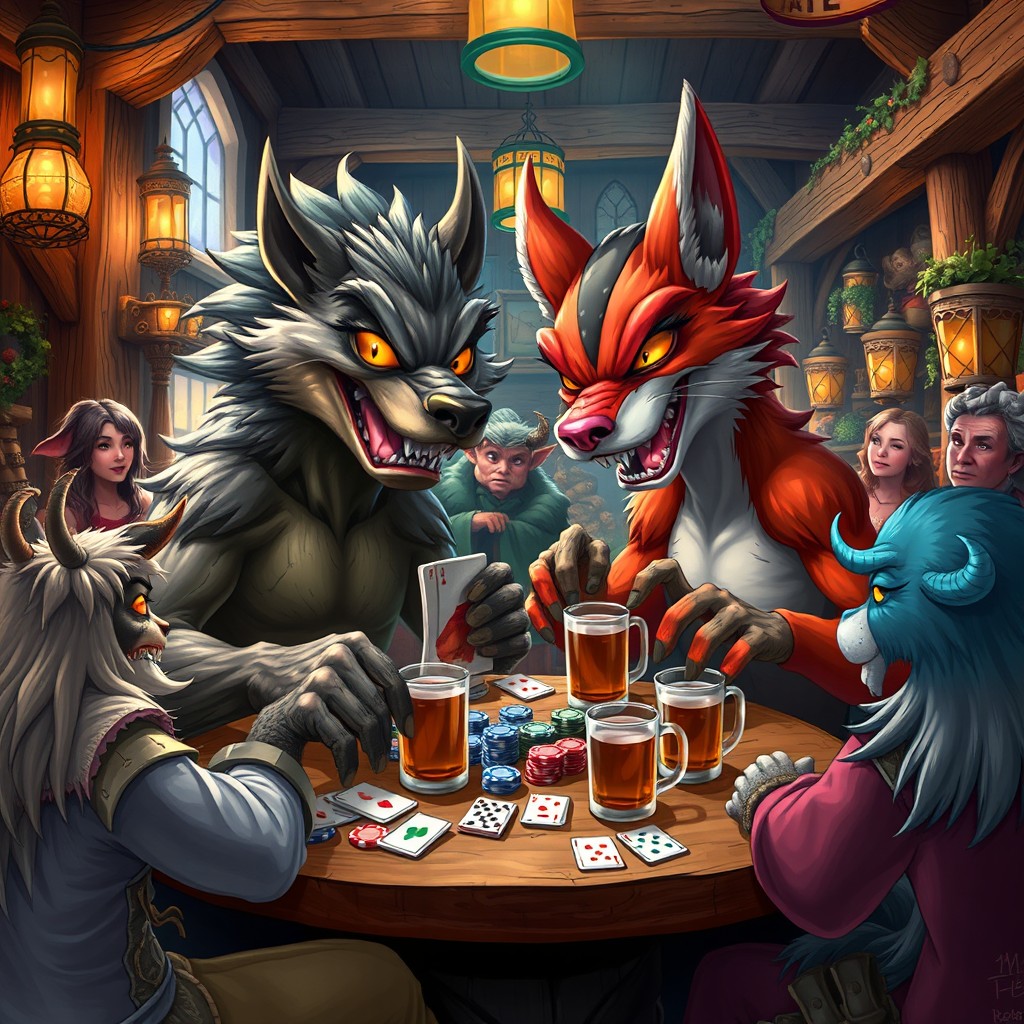 A double-headed monster playing an exciting game of cards in a cozy tavern