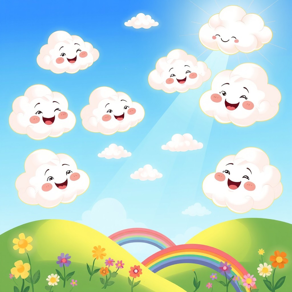 A whimsical illustration in the style of cartoonish cloud creatures, featuring playful and fluffy clouds with anthropomorphic features