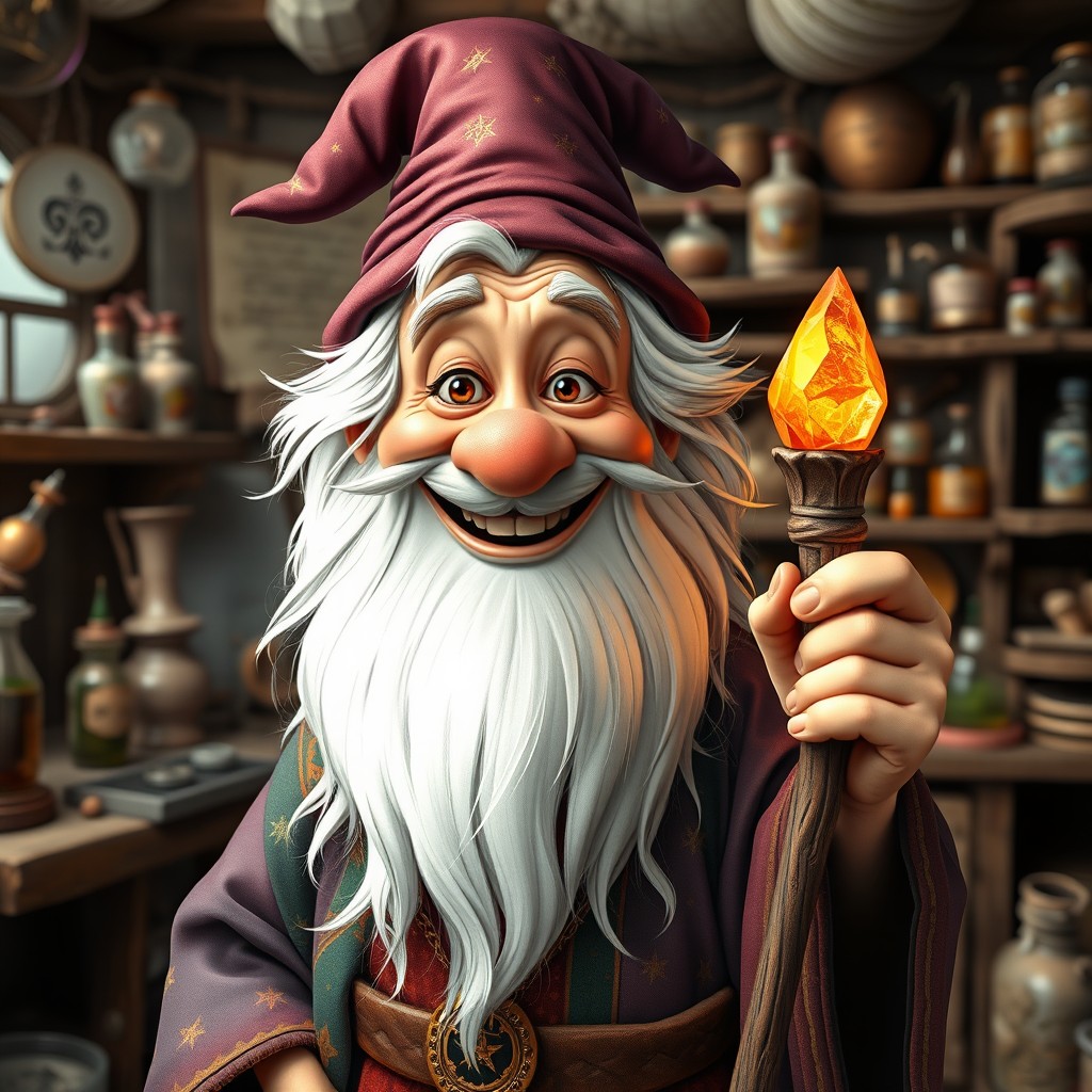 A cheeky-looking, jolly-faced aged and wizened wizard, with a warm smile and twinkling eyes full of mischief