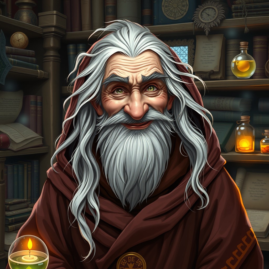 A sly yet kind human wizard, aged and wizened, with a warm smile and sharp, twinkling eyes that hint at mischief and wisdom