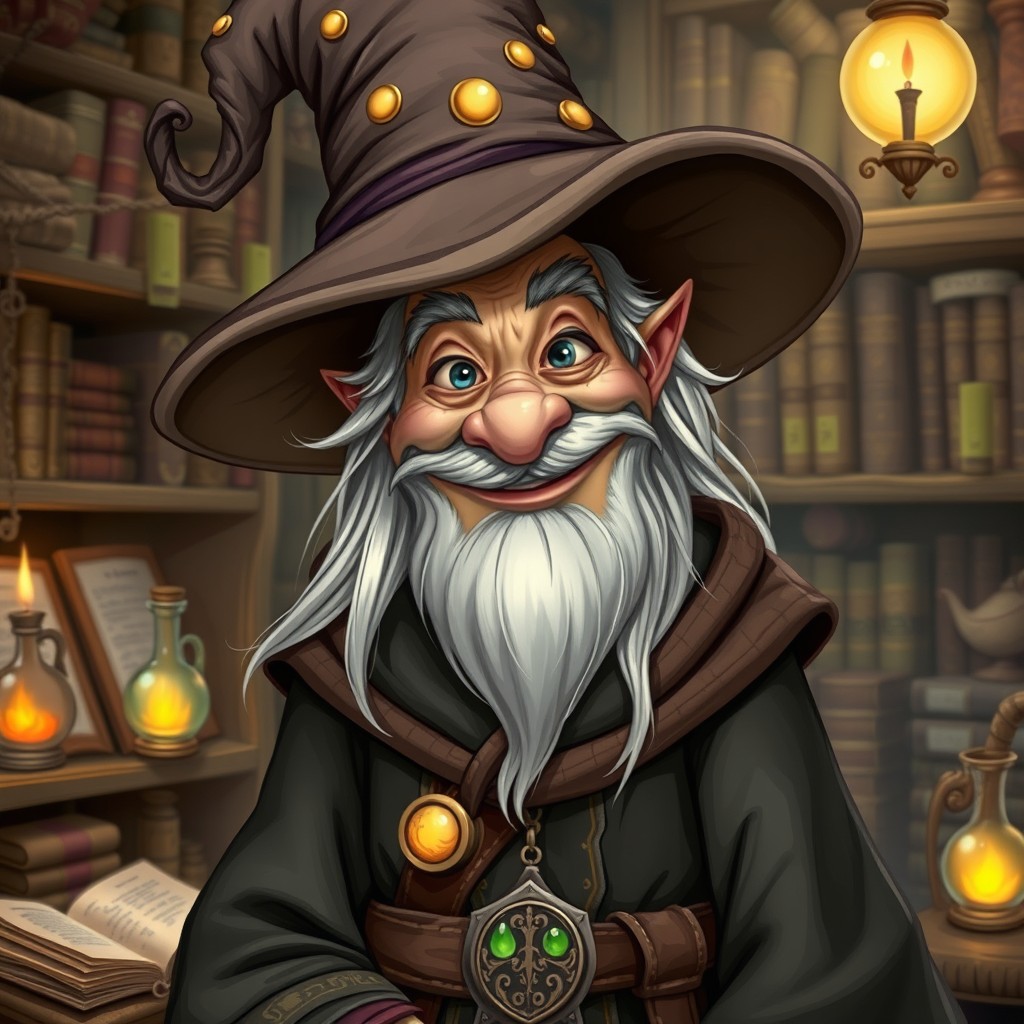 A sly but kind human, aged and wizened wizard wearing a floppy wizard hat, with a warm, inviting smile and mischievous twinkling eyes