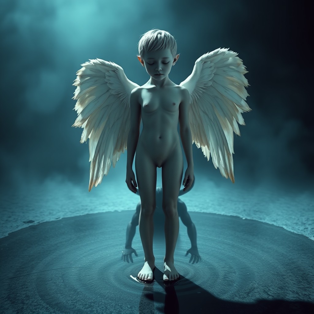 A hyper-realistic androgynous humanoid figure with delicate, pale skin and a melancholic expression