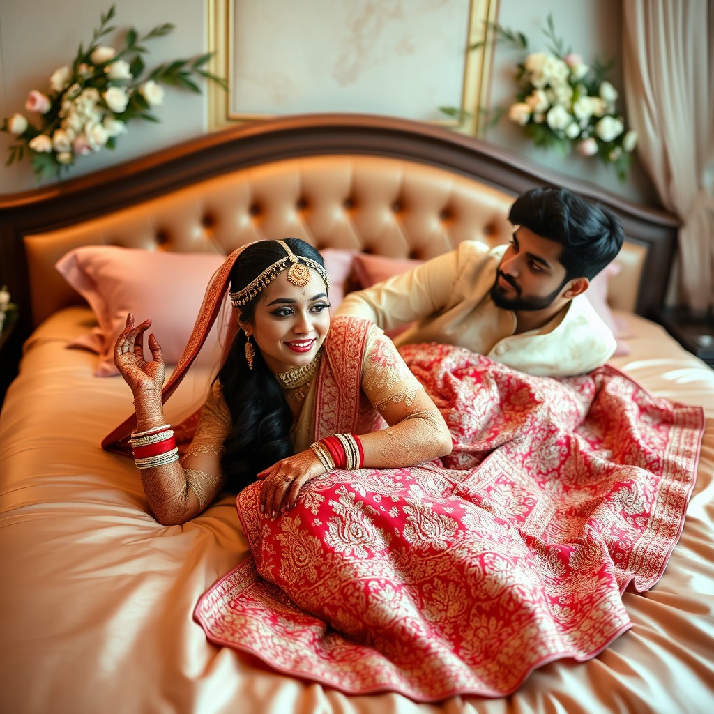 A beautiful Indian bride in a richly adorned traditional wedding outfit, lying gracefully on a lavish bed with luxurious silk sheets