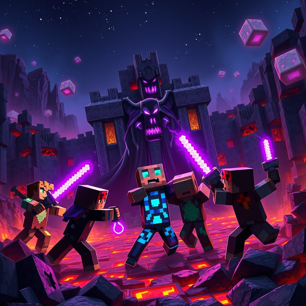 A dynamic scene depicting Minecraft players battling the Ender Prince at a haunting Nether Fortress