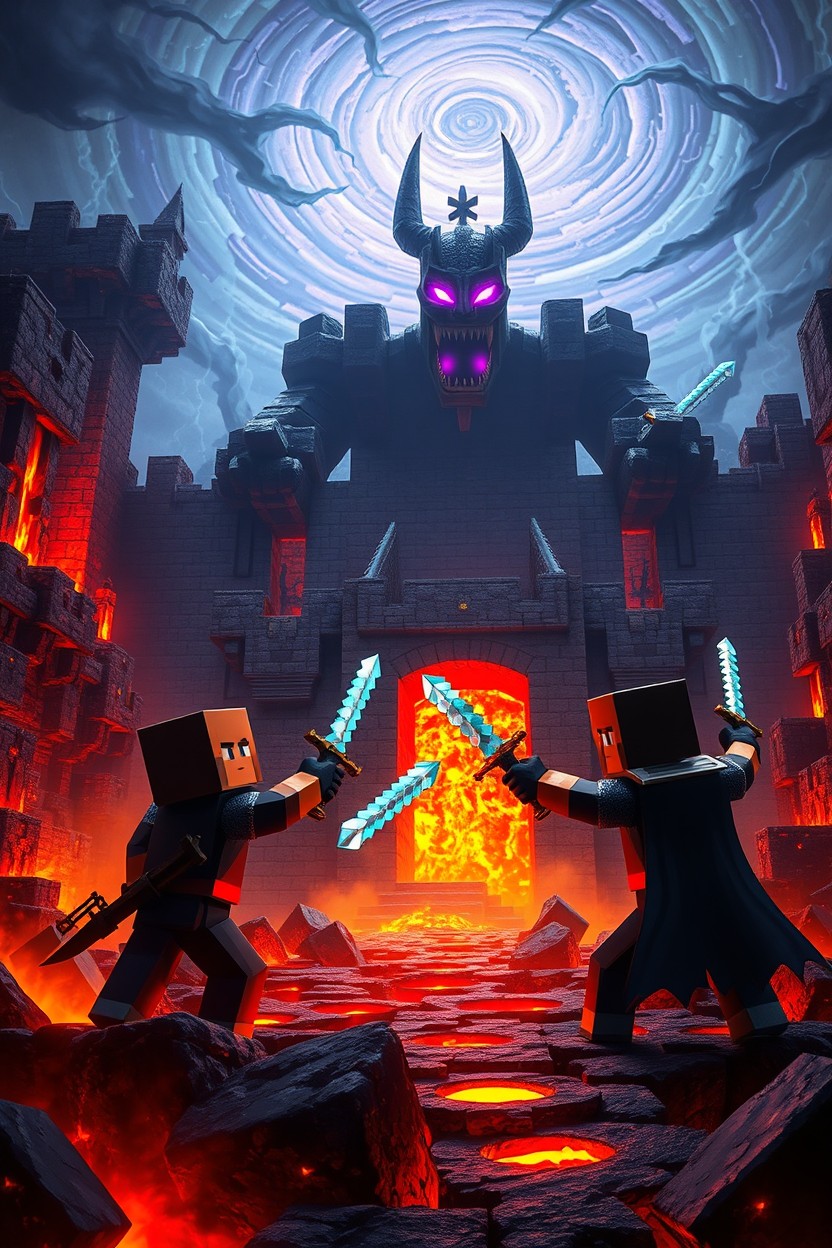 A thrilling scene depicting Minecraft players engaged in a fierce battle against the Enderprince at a dark and ominous Nether fortress