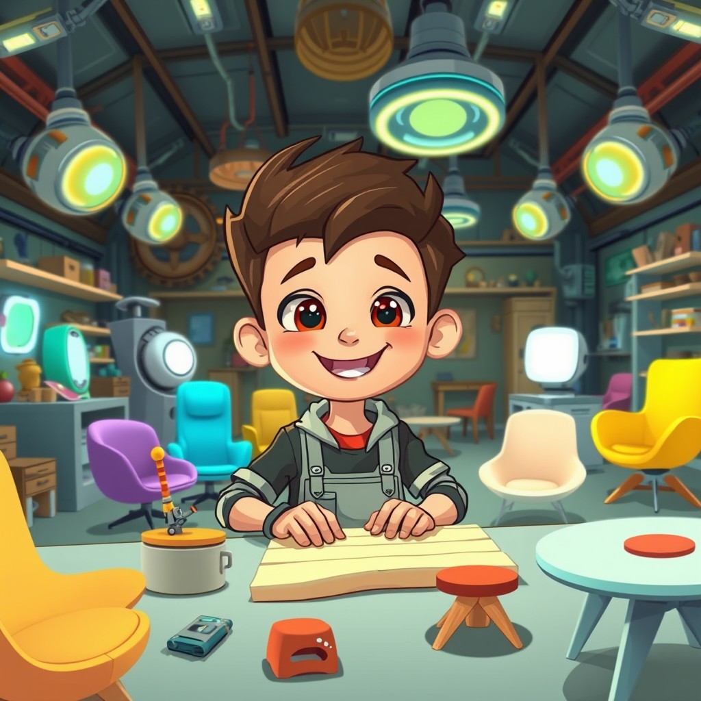 A cartoon depicting a young boy named Tuna who is renowned for his exceptional furniture-making skills in the future