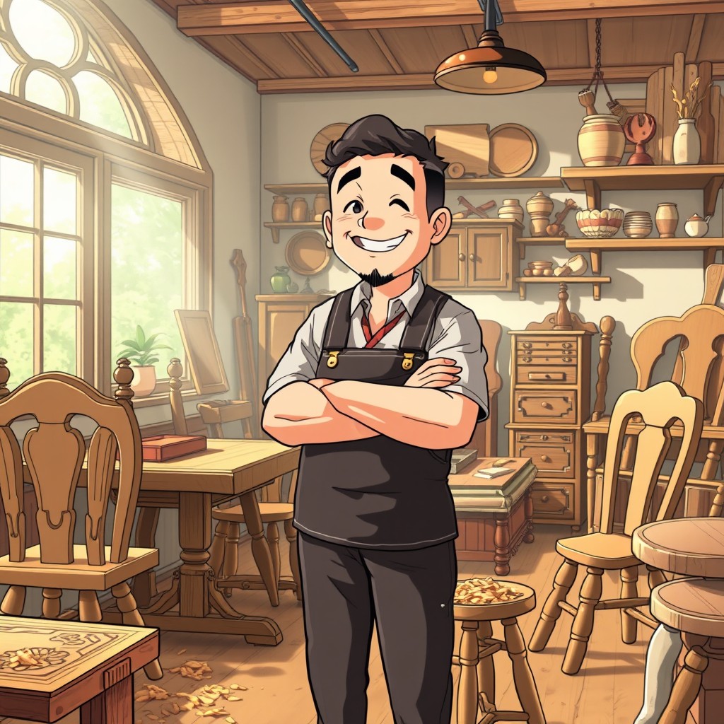 An anime cartoon featuring a man named Tuna who has gained fame for his exceptional wooden furniture craftsmanship
