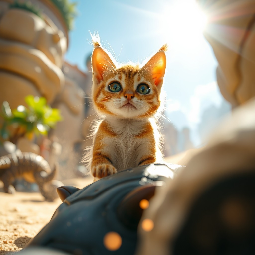 A realistic selfie of a Palico cat standing triumphantly over a defeated monster in a vibrant Monster Hunter theme