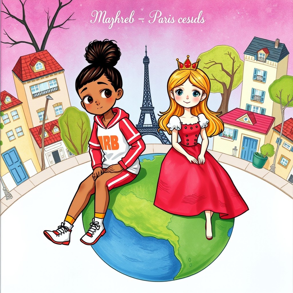 A book cover illustration featuring two girls: one of Maghreb descent dressed in sportswear, with a messy bun hairstyle, and a French girl dressed as a princess