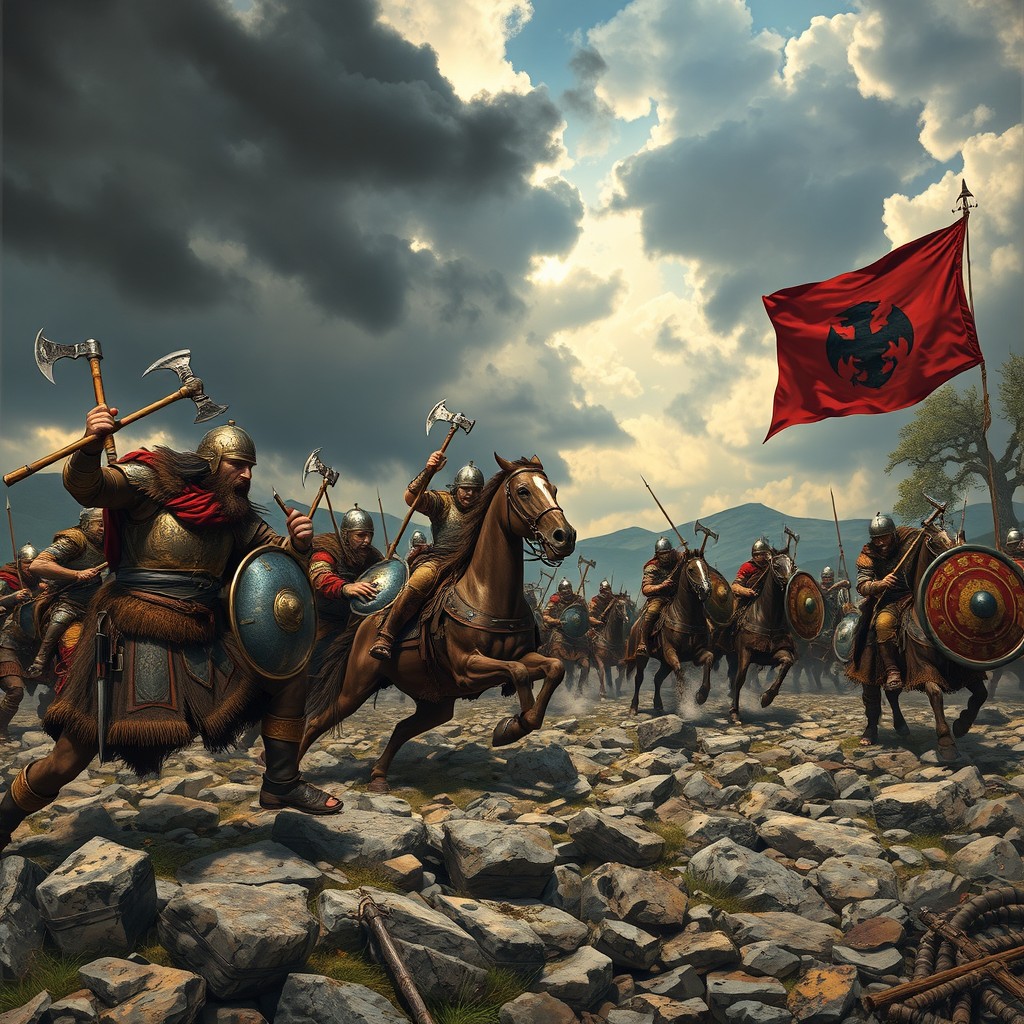 A dynamic historical scene depicting the Teutons in fierce battle during their war campaigns