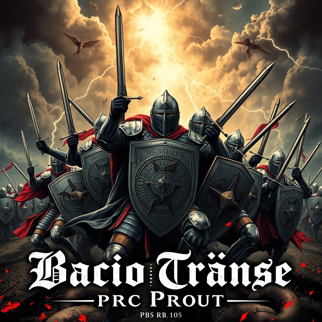 A dynamic and intense war poster for the 'Bacio Trance Project', featuring Teutonic knights in full armor, charging into battle with determination and fierce expressions