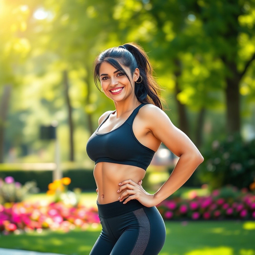 A fit dark-haired woman standing confidently in an outdoor setting, wearing stylish athletic wear