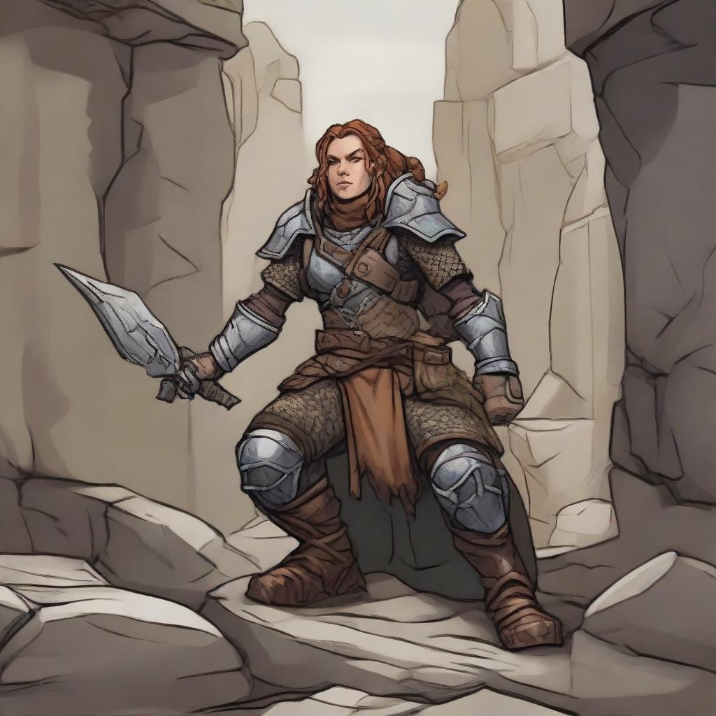 a female dwarven earthbender in heavy armor conjures a wall made from rocks and wood from the ground using her powers