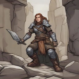 a female dwarven earthbender in heavy armor conjures a wall made from rocks and wood from the ground using her powers