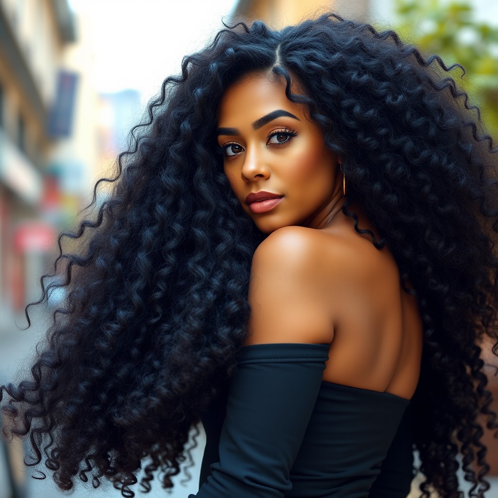 A stunning Caucasian woman with long, highly curly black hair that is full of volume and movement