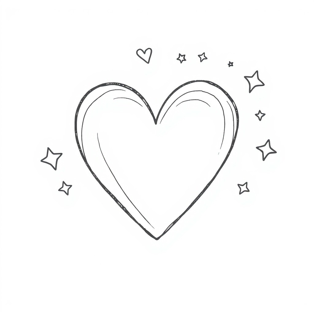 A black and white drawing featuring simple line art of a heart, designed in a way that is appealing to children aged 3-8