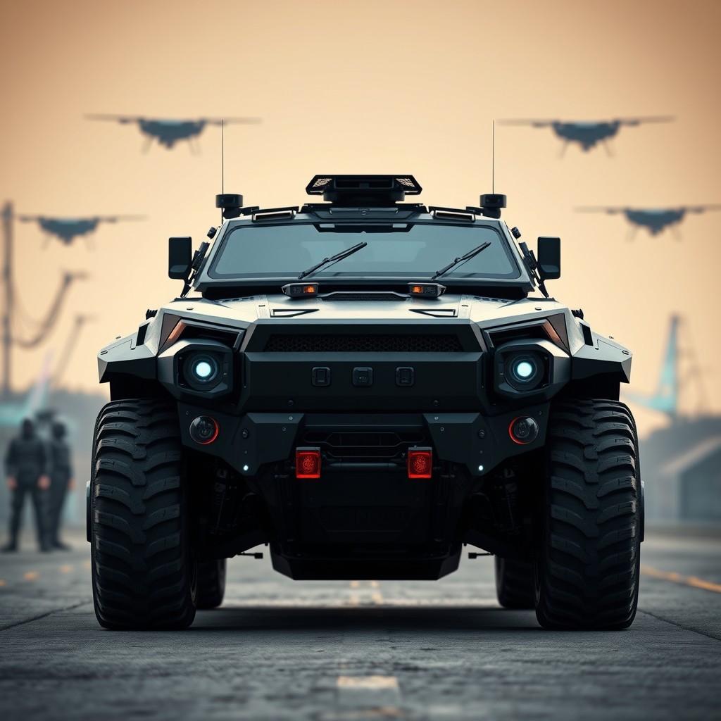 A futuristic APC (Armored Personnel Carrier) vehicle viewed from the front, showcasing a sleek and aggressive design, with a well-grounded stance and robust features
