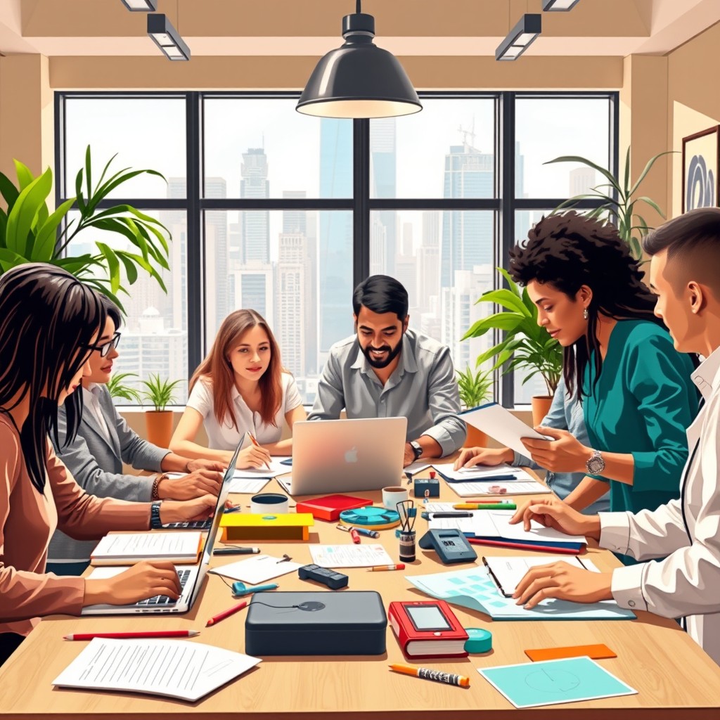 A vibrant scene depicting the spirit of entrepreneurship, showcasing a diverse group of individuals collaborating on innovative projects