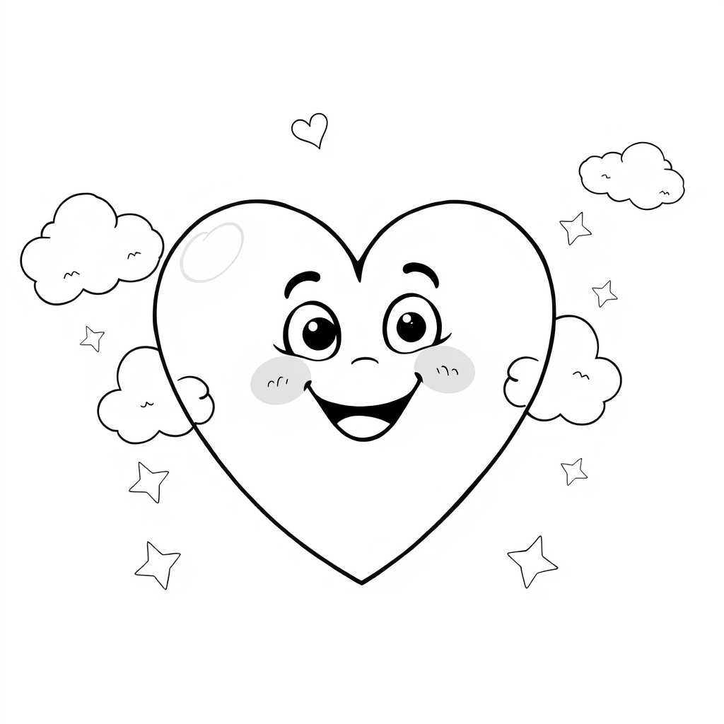 A simple black and white line drawing of a heart designed for children aged 3-8