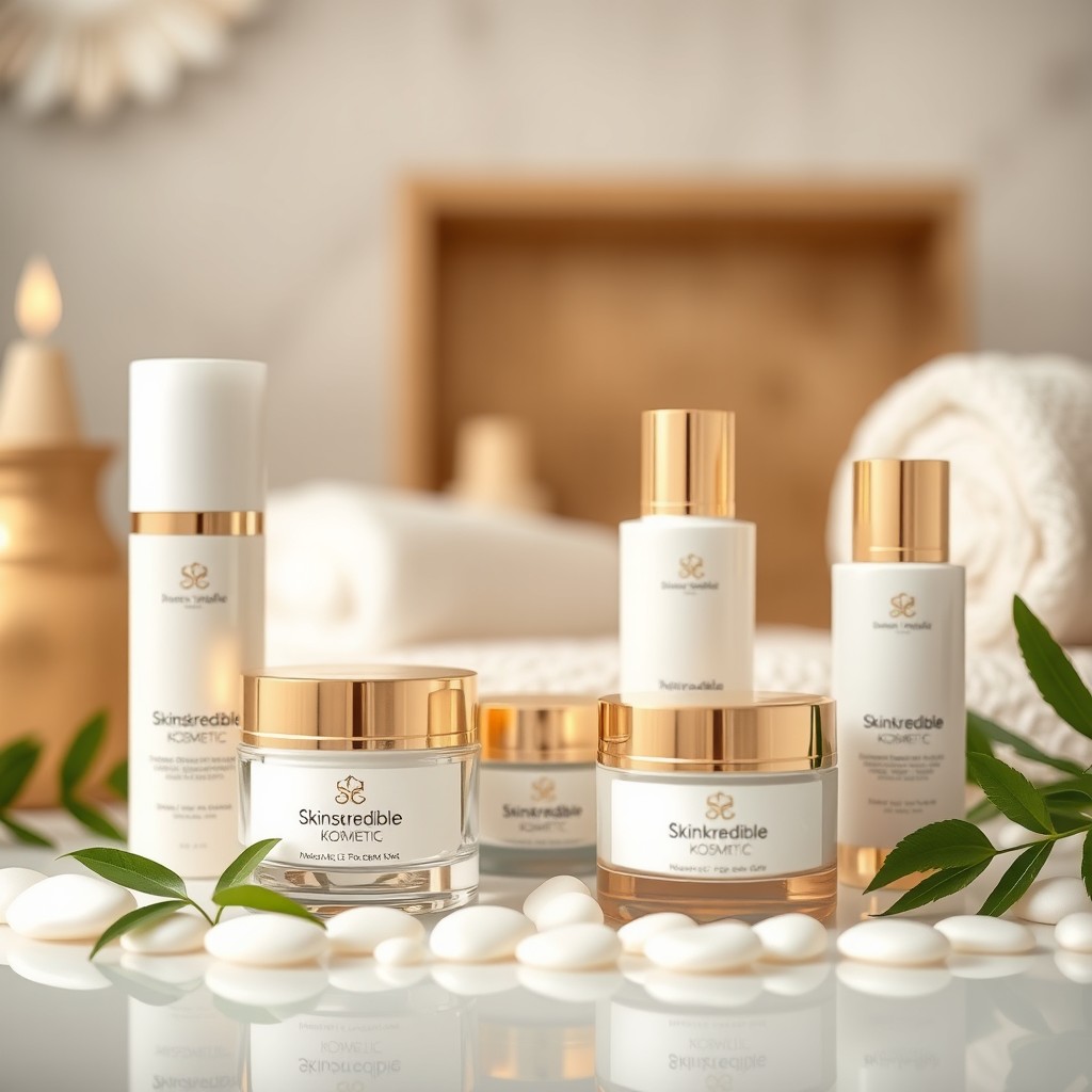 A luxurious skincare product display featuring Skinskredible Kosmetic