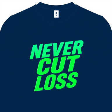 A stylish graphic T-shirt featuring bold, eye-catching typography that reads 'Never Cut Loss' prominently on the front