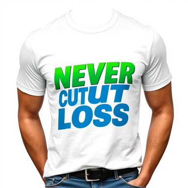 A stylish graphic T-shirt featuring bold, eye-catching typography that reads 'Never Cut Loss' prominently on the front