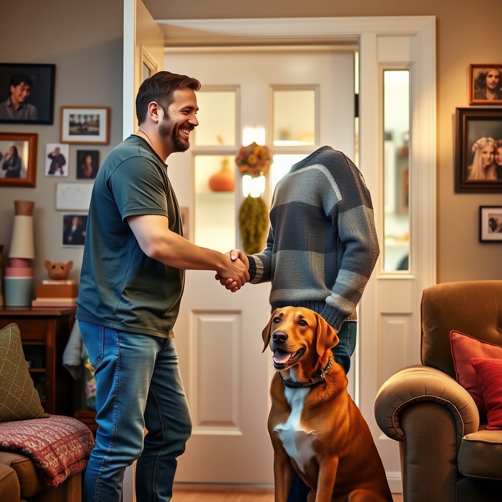 A man visiting his friend at home, sharing a warm handshake at the door, both smiling widely