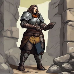 a female dwarven earthbender in heavy armor conjures a wall made from rocks and wood from the ground using her powers