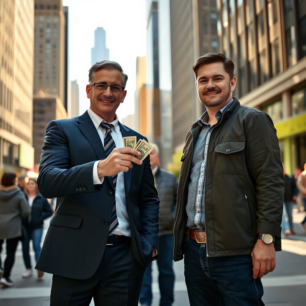 A scene depicting a man confidently handing cash to another man in an urban setting