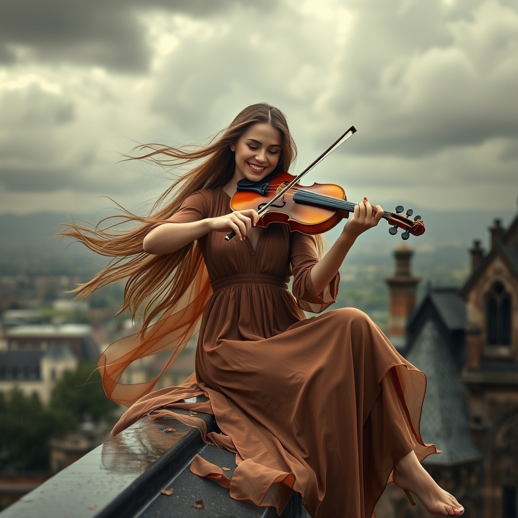 A beautiful woman playing the violin, sitting gracefully on the edge of a Gothic building's rooftop