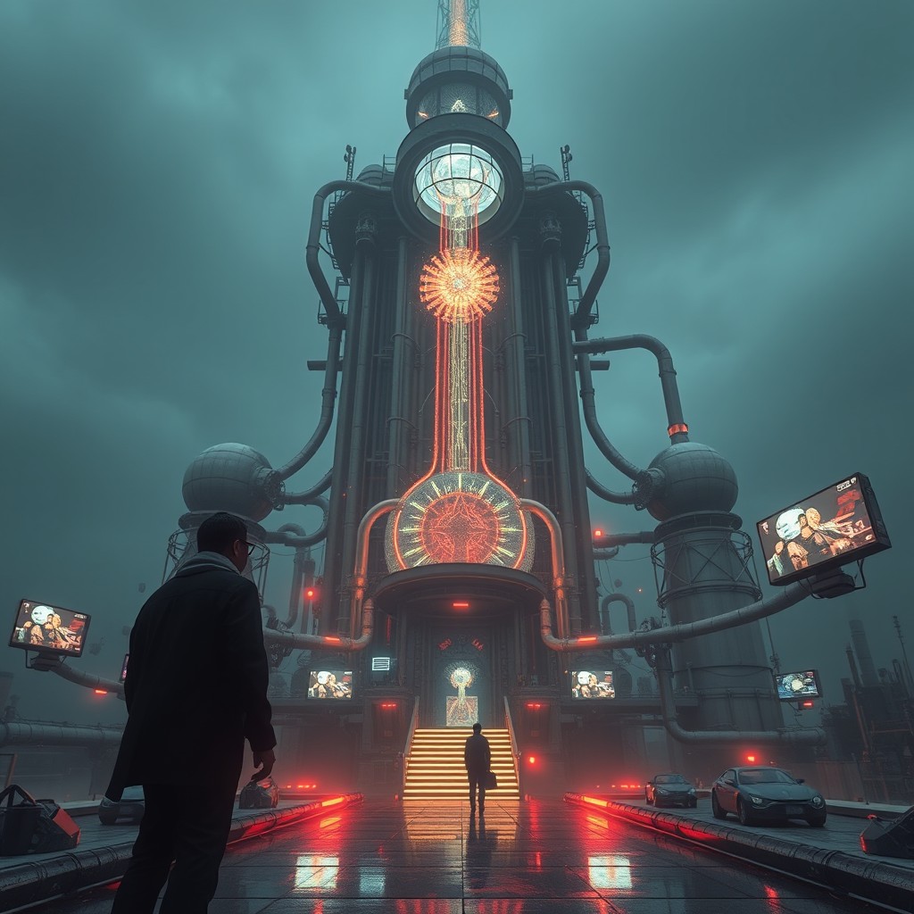 A surreal biomechanical architecture piece depicting a towering structure named the "Focus Refinery"