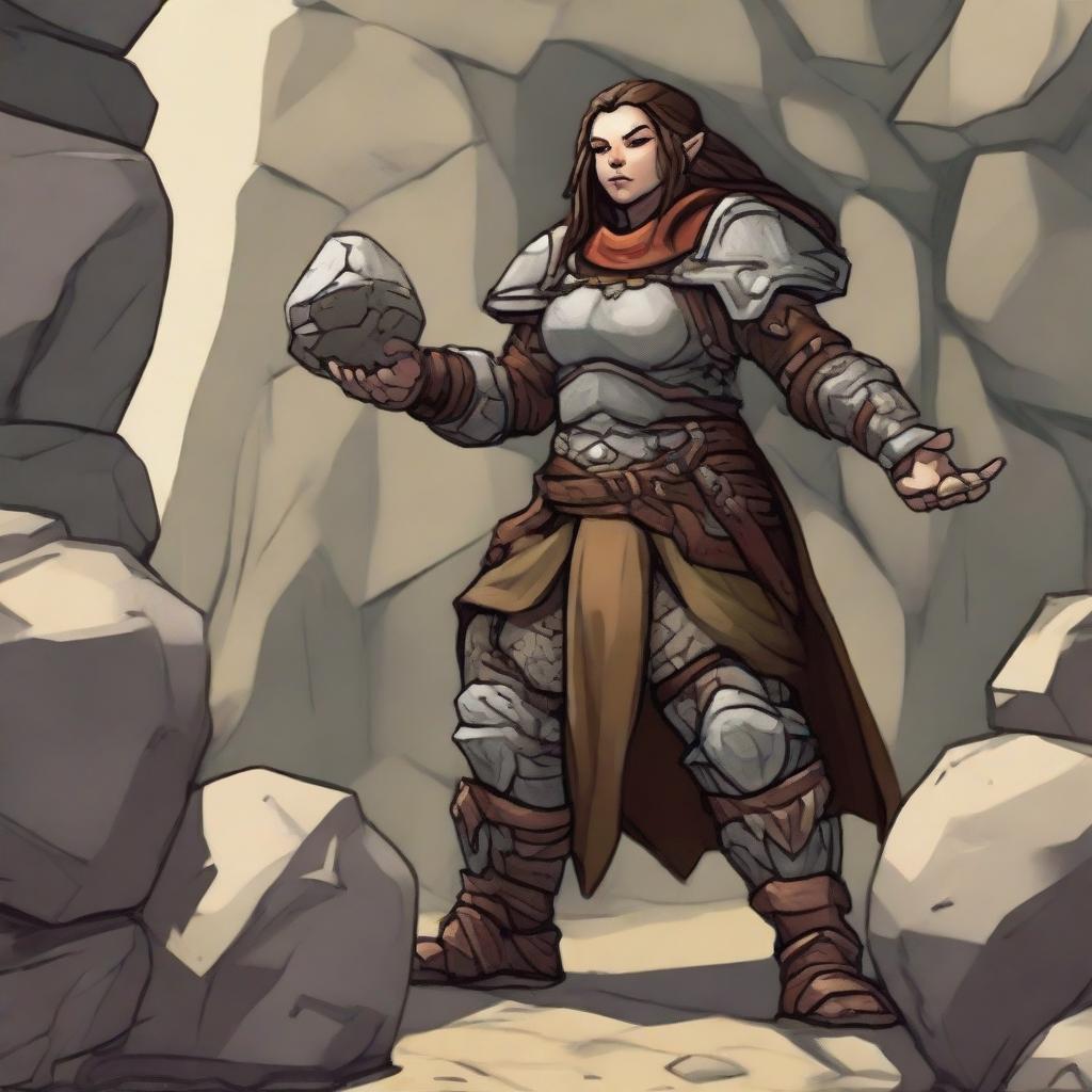 a female dwarven earthbender in heavy armor conjures a wall made from rocks and wood from the ground using her powers