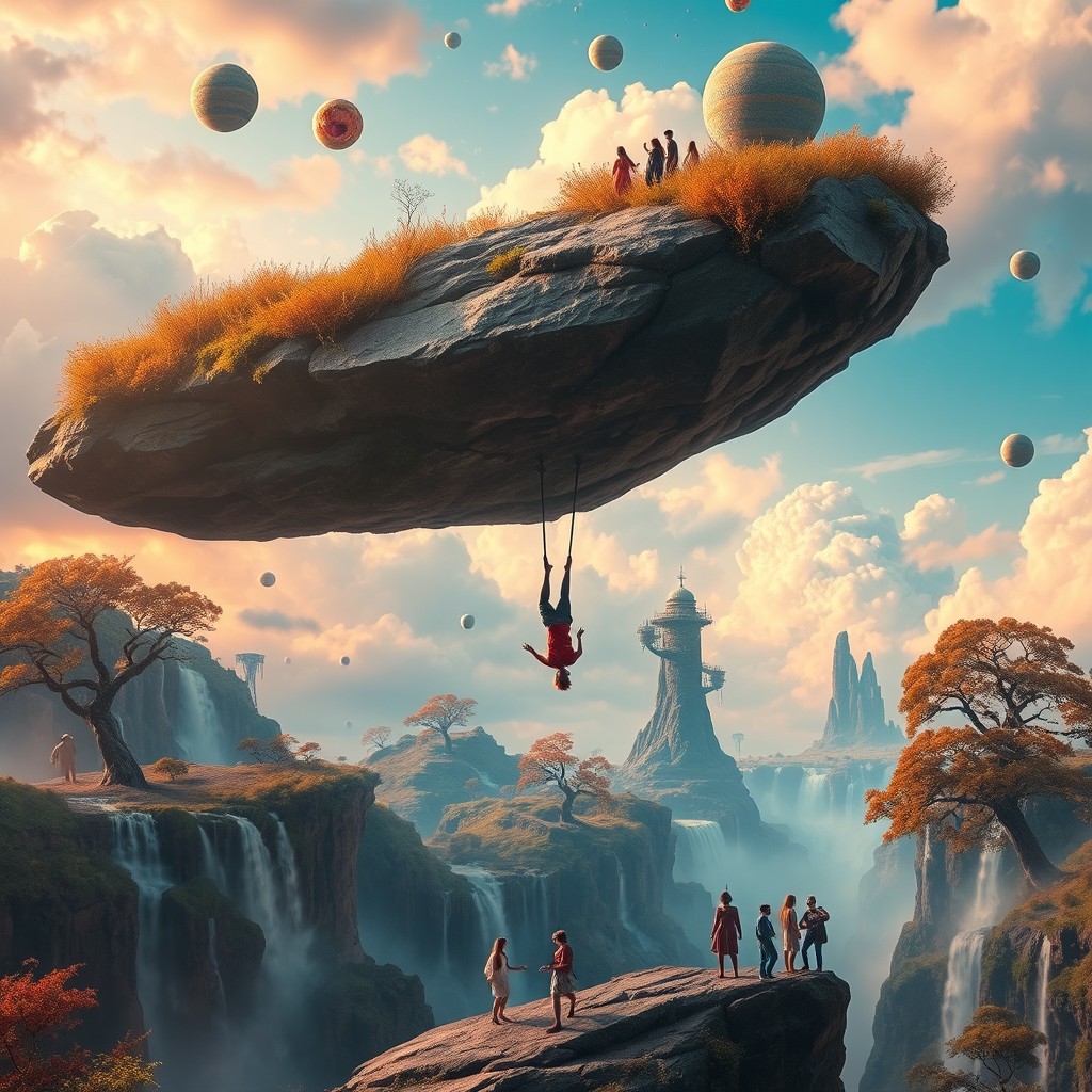 A surreal landscape where the impossible becomes possible, featuring vibrant, fantastical elements like floating islands, waterfalls cascading into the sky, and trees with glowing leaves