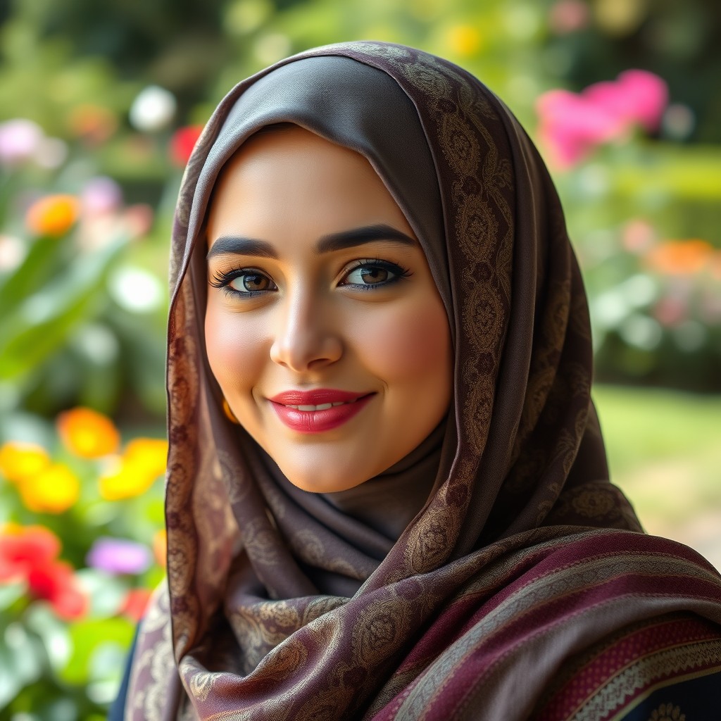 A beautiful portrait of a woman wearing an elegant hijab, showcasing intricate patterns and rich colors