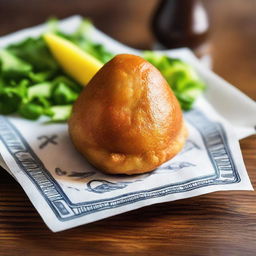 A scrumptious Brazilian coxinha placed on a single ten real bill.