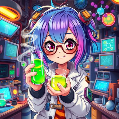 A wildly imaginative anime-inspired science girl with vibrant colored hair, wearing a futuristic lab coat adorned with whimsical patches and gadgets