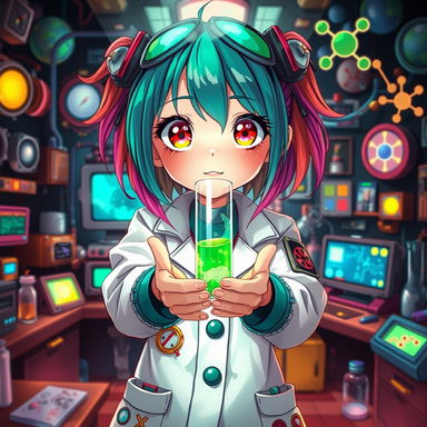 A wildly imaginative anime-inspired science girl with vibrant colored hair, wearing a futuristic lab coat adorned with whimsical patches and gadgets
