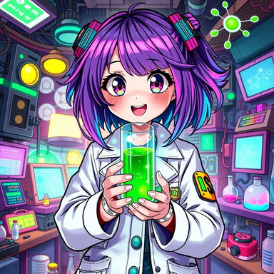 A wildly imaginative anime-inspired science girl with vibrant colored hair, wearing a futuristic lab coat adorned with whimsical patches and gadgets