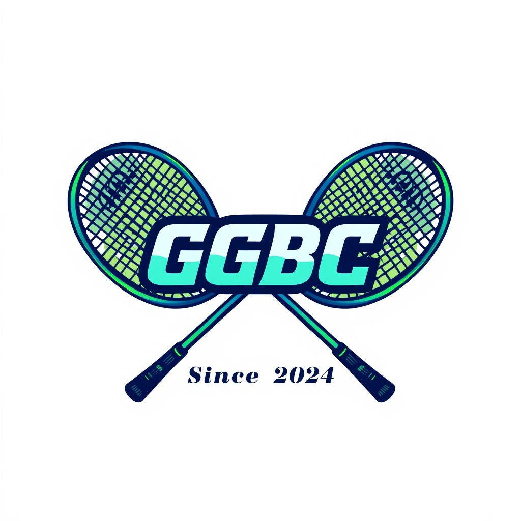 A stylish and dynamic logo design for a badminton club featuring two crossed badminton rackets